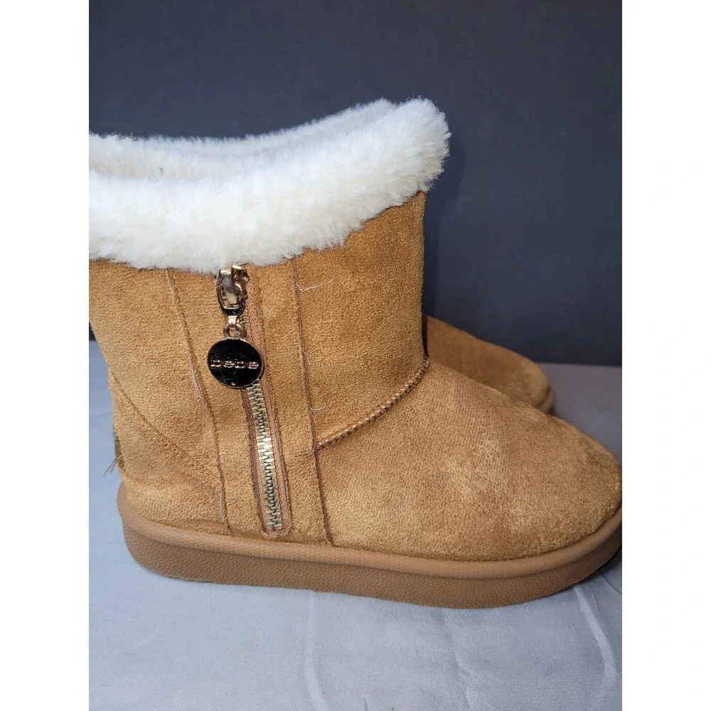 bebe Girls Ankle Bootie Boots Faux Fur Trim Lined Side Zip Brown/White 1